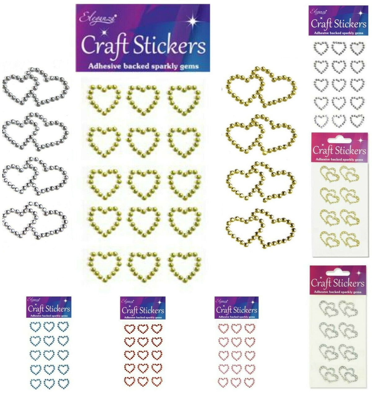 Self Adhesive Diamante Open Hearts Double Heart Stickers Gold Silver Red Blue