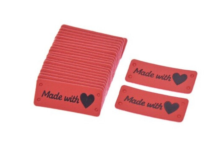 Faux Leather Labels Made with Love Sew On Garment Clothing Label Tags 5x2cm - Red Design 1