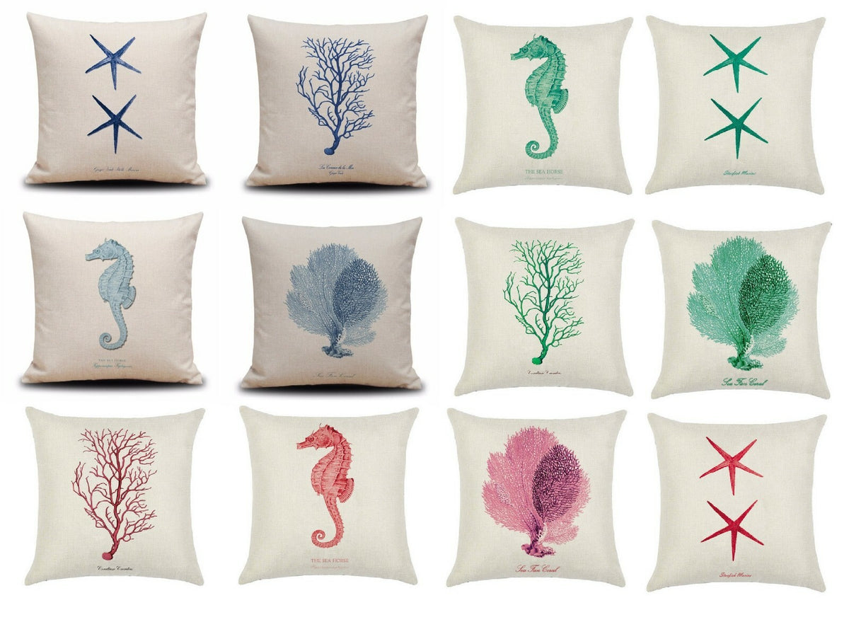 CUSHION COVER DECORATIVE NAUTICAL BEACH CHIC SEAHORSE CORAL DESIGNS 45 x 45 CM
