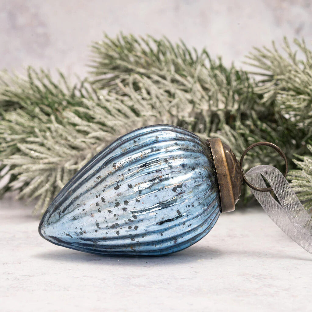 Medium Glass Handcrafted Baubles Premium Traditional Christmas Tree Bauble 5-7cm - Sky Ribbed Glass Pinecone - 1 Bauble