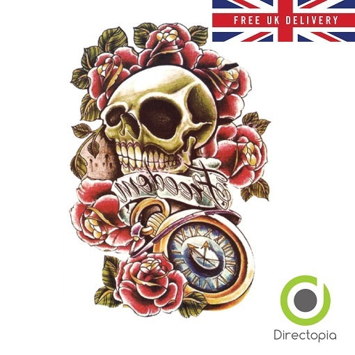 Large Waterproof 3D Traditional Skull & Roses Temporary Tattoo Sticker Art