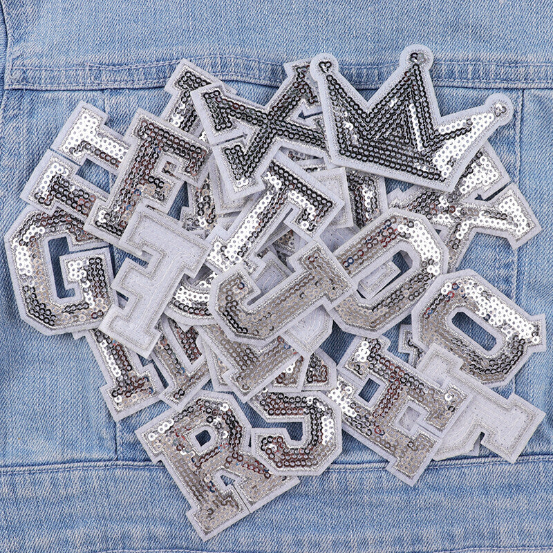 Silver Sequins Varsity Letter Patch Iron or Sew on Alphabet Customise 5cm