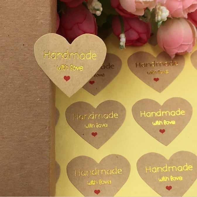 Handmade with Love Heart Gift Seal Craft Stickers Manilla with Gold Text