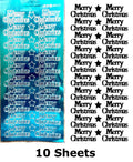 10 Sheets - Sky Blue Mirror Shine Merry Christmas Peel Off Stickers Card Making
