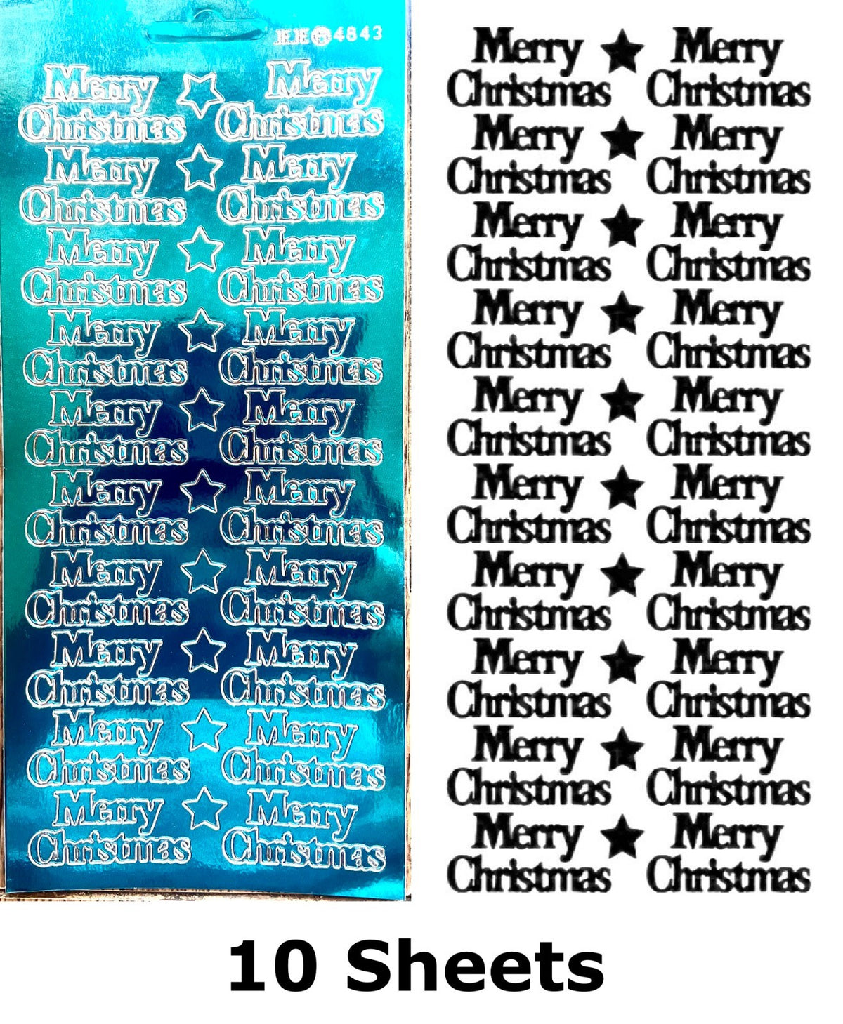 10 SHEETS - Sky Blue Mirror Shine Merry Christmas Peel Off Stickers Card Making