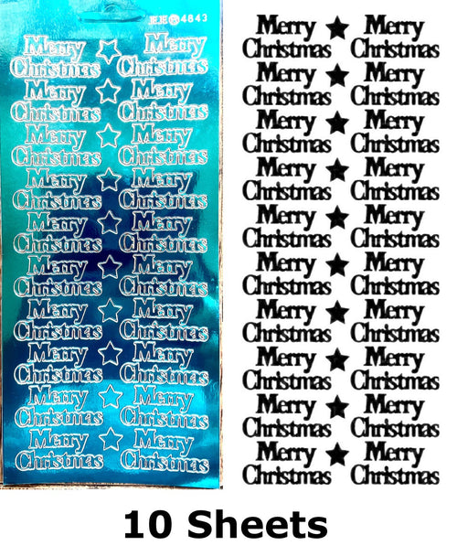 10 Sheets - Sky Blue Mirror Shine Merry Christmas Peel Off Stickers Card Making
