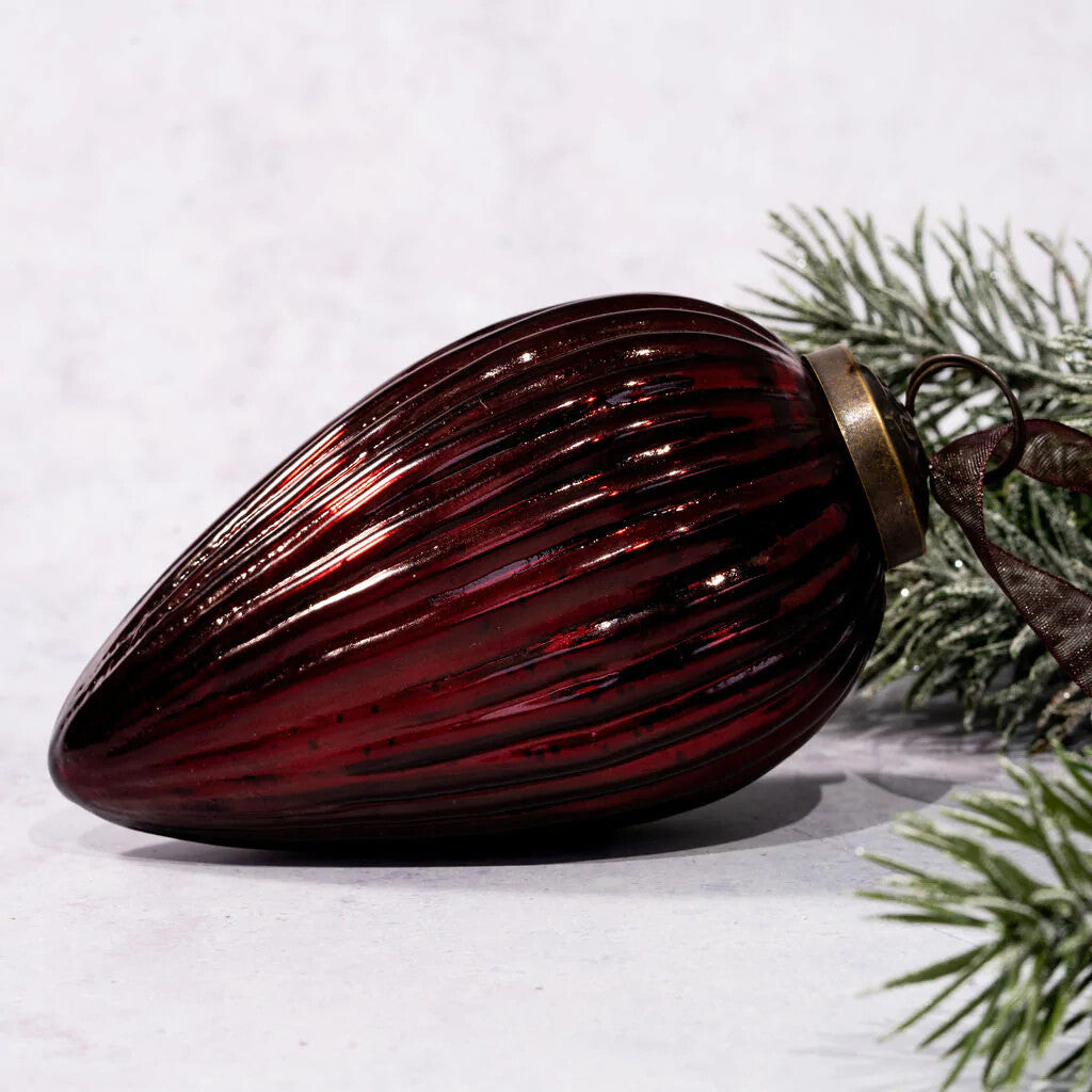XL Glass Handcrafted Baubles Premium Traditional Christmas Tree Bauble 10cm - Wine Ribbed Glass Pinecone - 1 Bauble