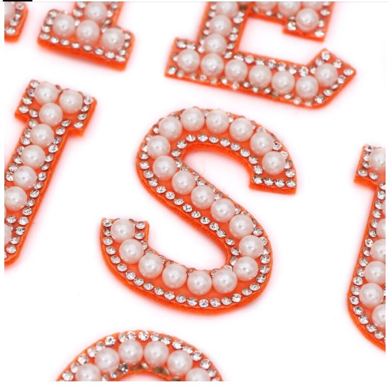 3D Orange & Pearl Rhinestone Letter Patch Patches Glue / Sew on Alphabet Crystal