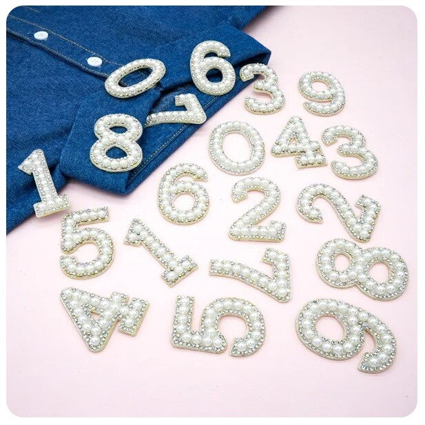 5.5cm Tall Pearl Number Patch White & Silver Rhinestone Alphabet Numbers Patches