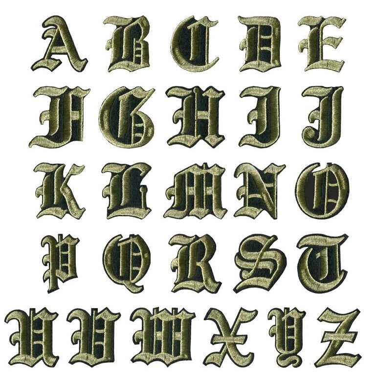 Gold & Black Outline Old English Medieval Letter Patch Patches Iron on Alphabet