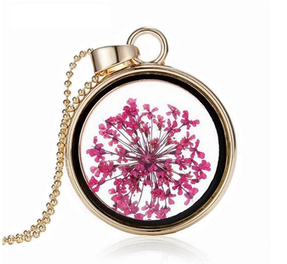 Dried Flower Round Locket Pendant Gold Plated Glass Charm Chain Necklace Botanic - Pink