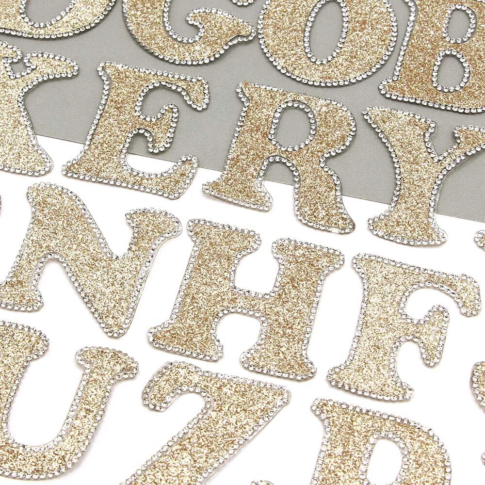 3D Rhinestone Champagne Gold Glitter Letter Patch Iron on Alphabet Patches 5cm