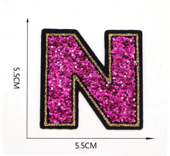 Large Pink Sequins Glitter Letter Patch Iron on Sew on Alphabet Customise 5.5cm - N