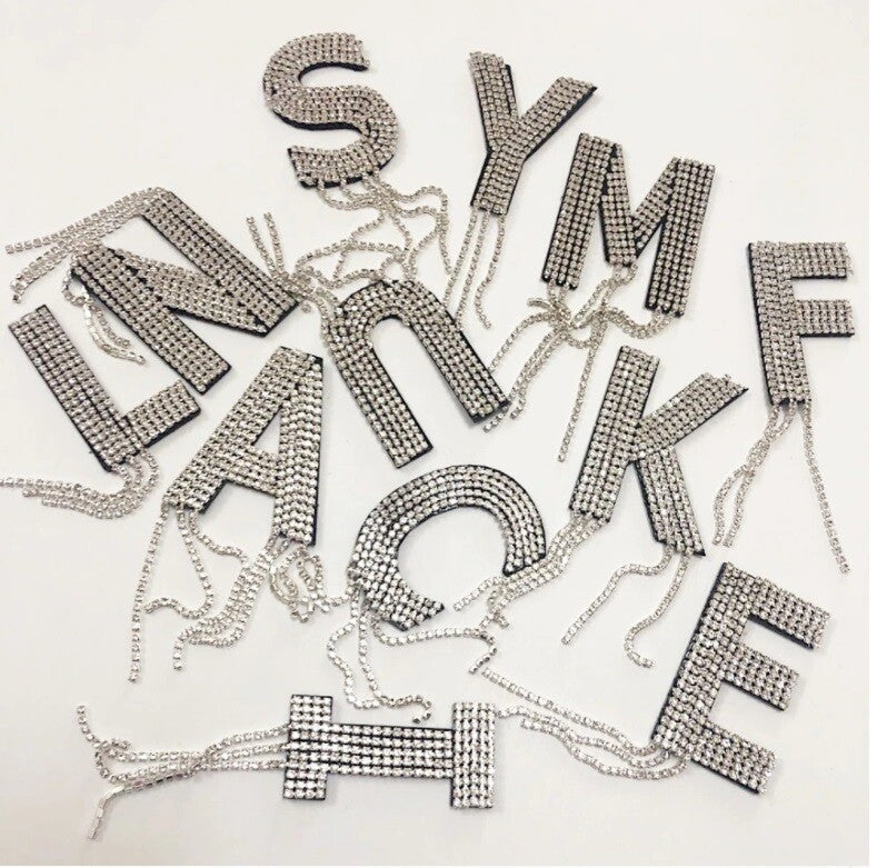 Large 3D Silver Rhinestone Letter Patch Patches Iron or Sew on Alphabet Letters