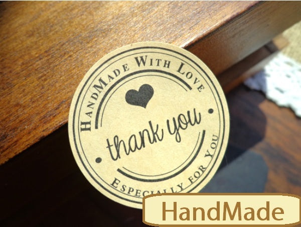 Round Paper Labels 'Thank you, Hand made with love' Gift Craft Stickers BL