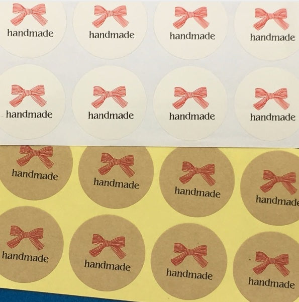 Round Paper Labels 'Handmade' Red Bow Ribbon Gift Craft Stickers Hand Made