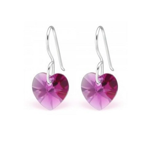 925 Sterling Silver Dangle Drop Heart Earrings & Gift Box - Fuchsia