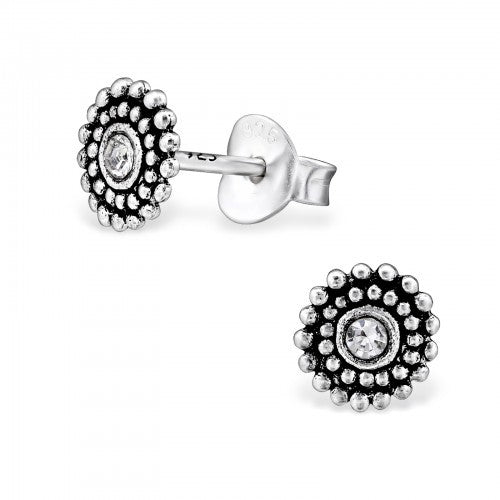 925 Sterling Silver Round Ornate Crystal Studs 6x6mm & Gift Box