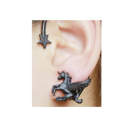 3D Flying Horse Pegasus Wing Unicorn Star Ear Cuff Stud Wrap Earring Kawaii - Black