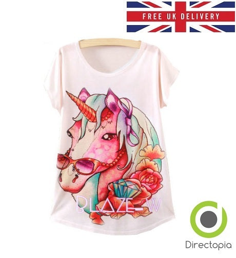 Harajuku Unicorn Design T Shirt - Size UK 8 - Kawaii Fashion On Point Gift