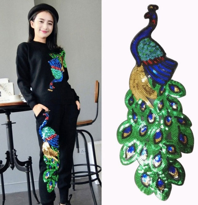 Large Sequins Peacock Sew on Applique Patch Motif Sparkly Customise Fashion