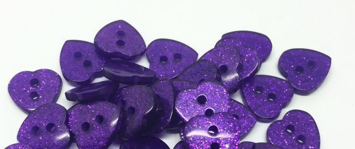 Glitter Heart Buttons Handmade Craft & Sewing Mixed & Non-Mixed 2 Hole 12x13mm - Purple
