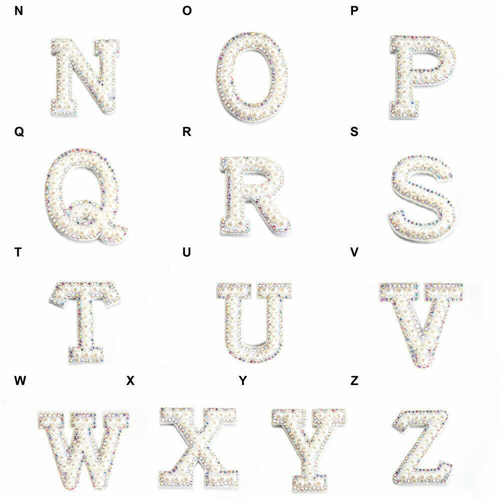 White Pearl Silver Rhinestone Letter Patch Patches Iron Sew on Alphabet Crystal