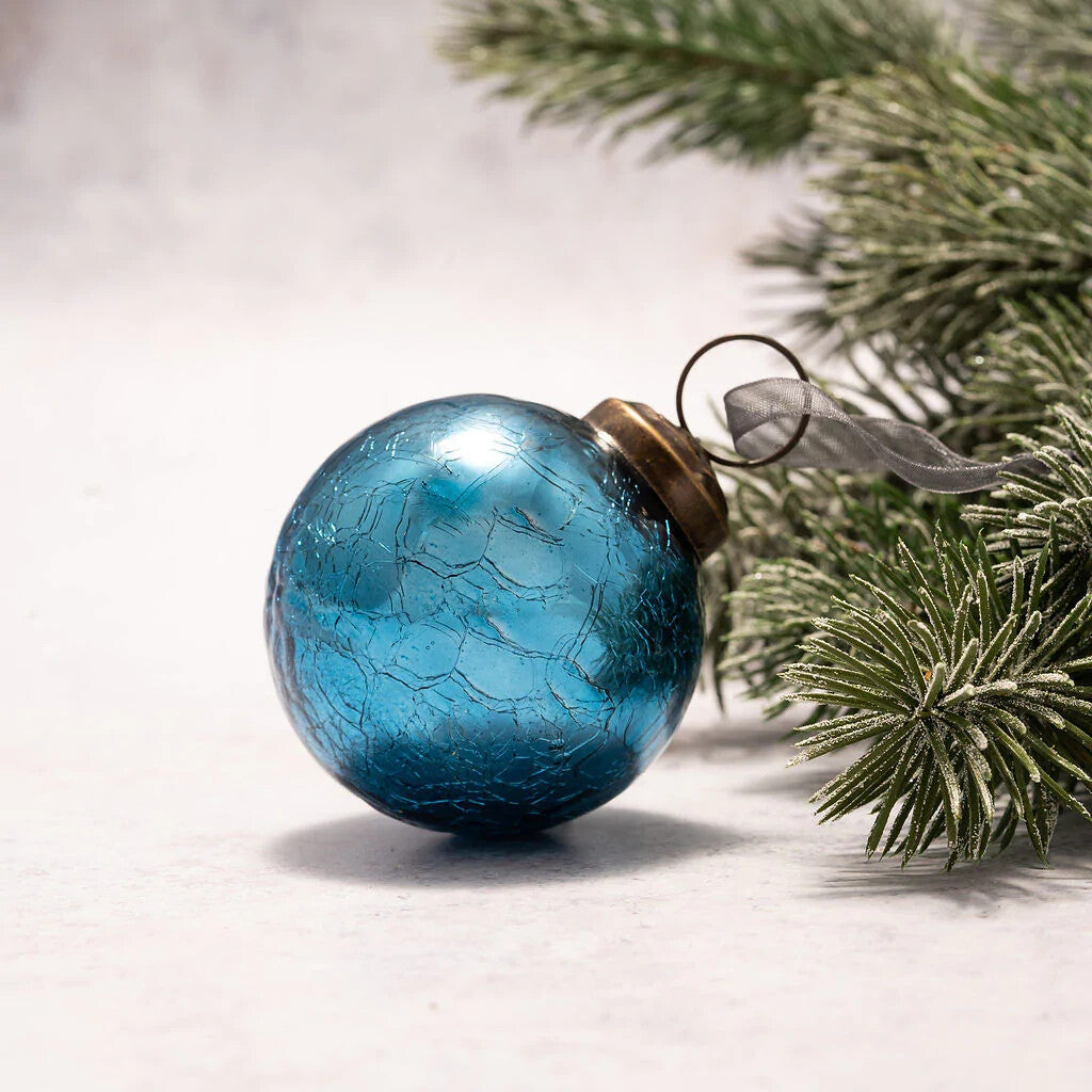 Medium Glass Handcrafted Baubles Premium Traditional Christmas Tree Bauble 5-7cm - Teal Crackle Glass Ball - 1 Bauble