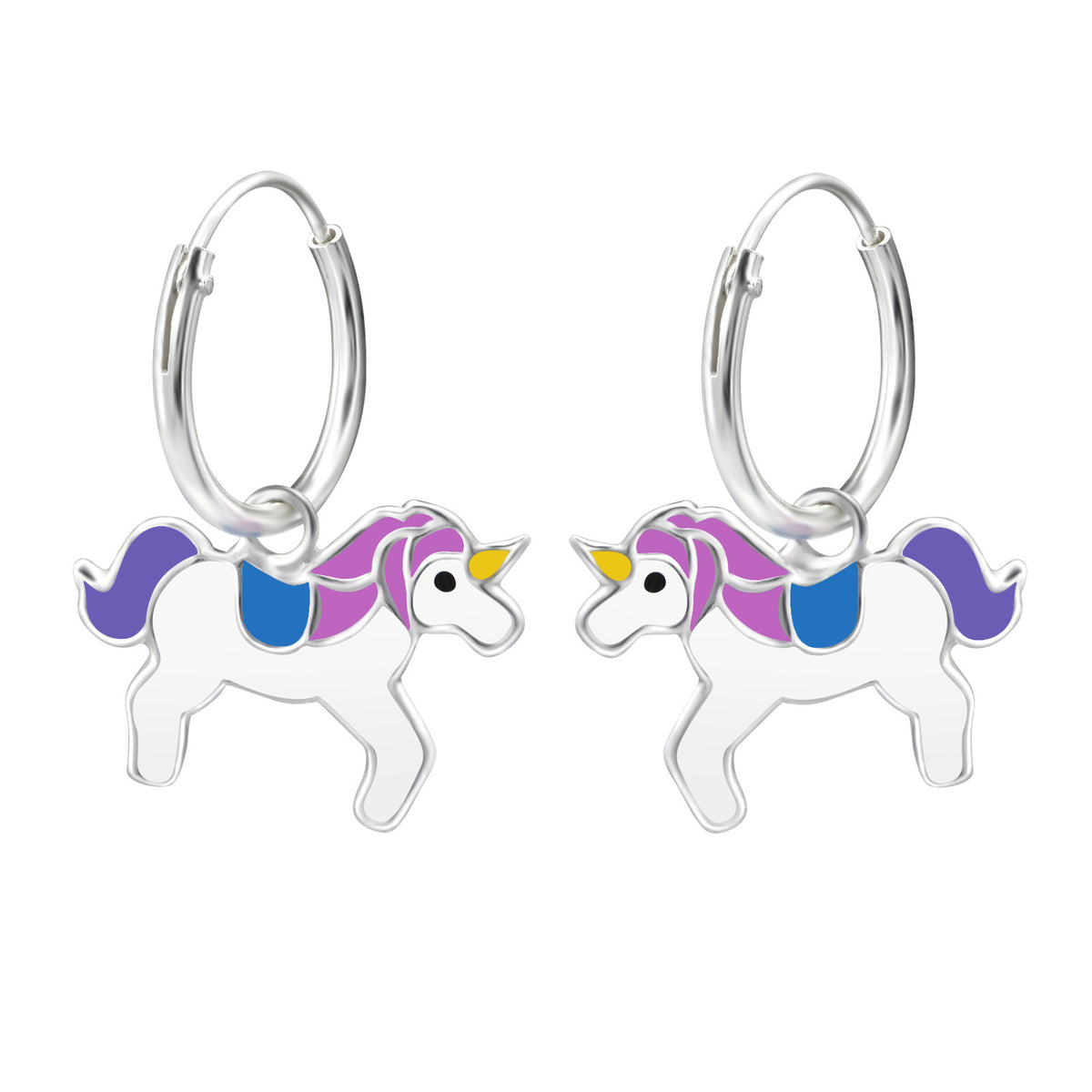 925 Sterling Silver Unicorn Pegasus Earrings & Gift Box - Purple and Blue Hoops