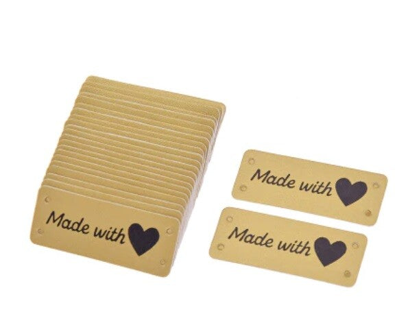 Faux Leather Labels Made with Love Sew On Garment Clothing Label Tags 5x2cm - Gold Design 1