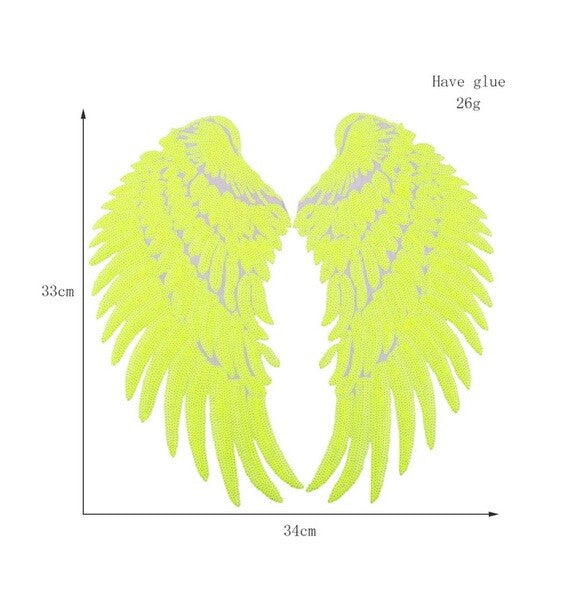 Large Pair Sequins Wings Iron or Sew on Embroidery Patch Customise Clothing 33cm - Neon Yellow