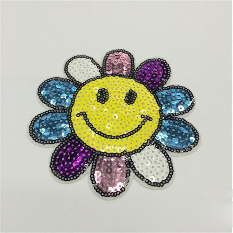 Flower Flowers Sequin Face Happy Sequins Patch Iron on 12.5cm