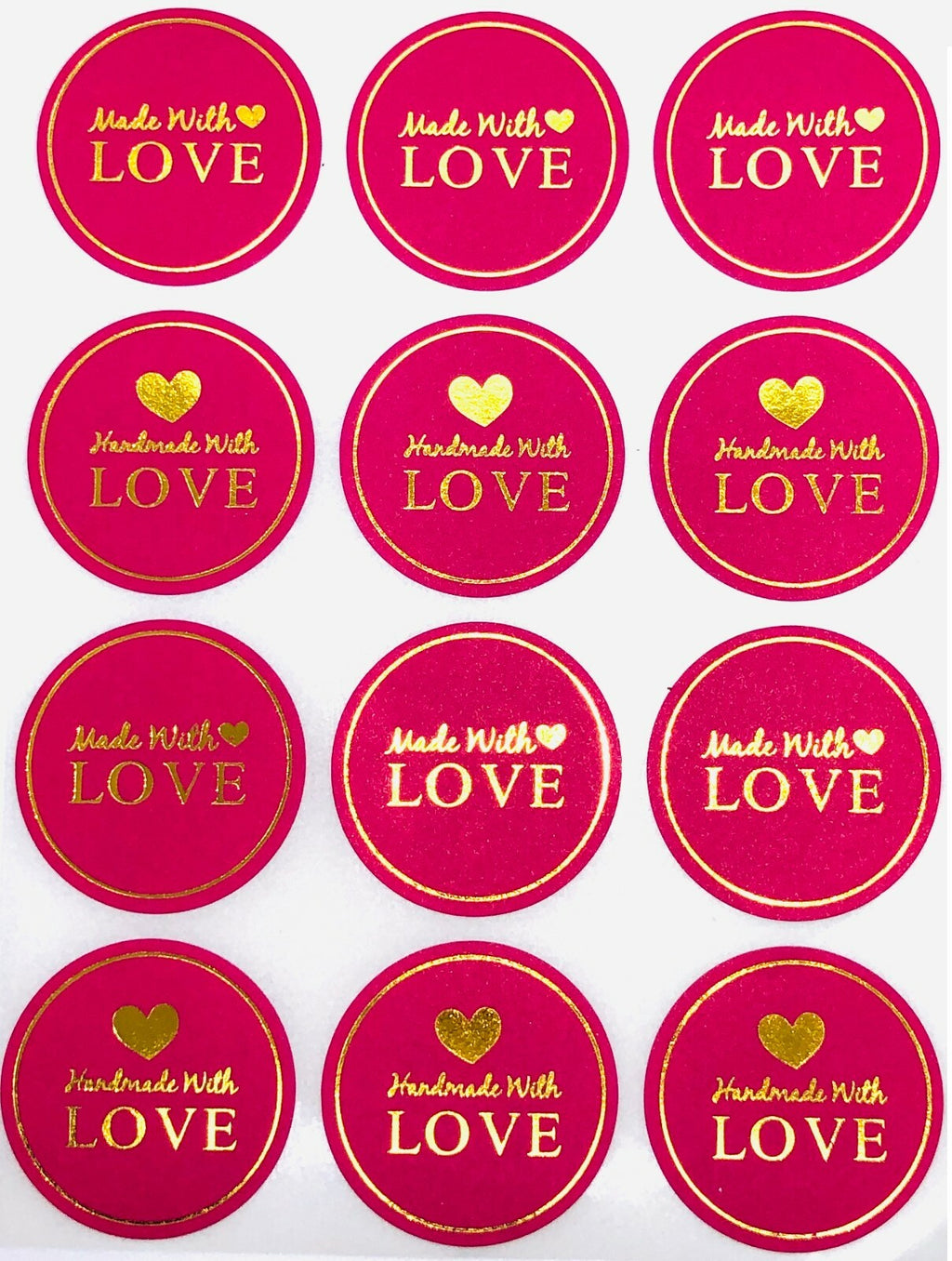 Round Paper Labels Handmade with Love hand made Stickers Pink & Gold 3.5cm