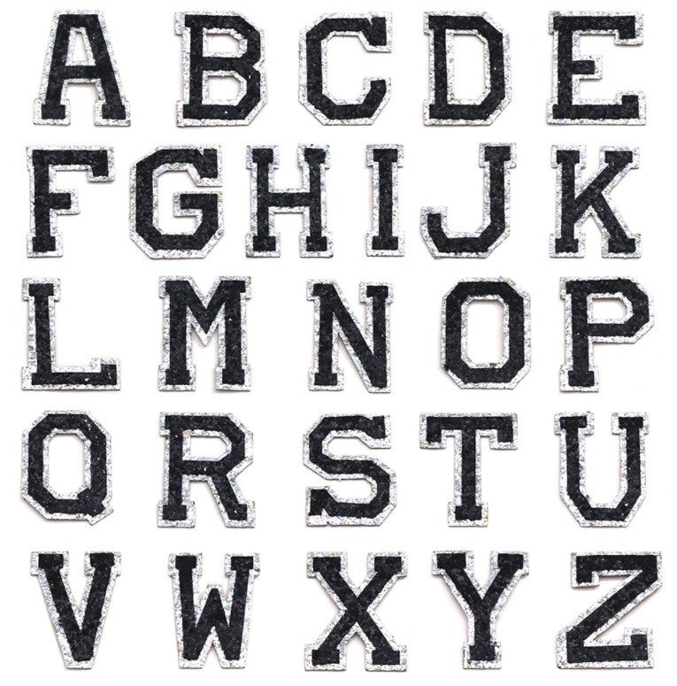 Black & Silver Glitter Varsity Letter Patch Iron or Sew on Alphabet Patches