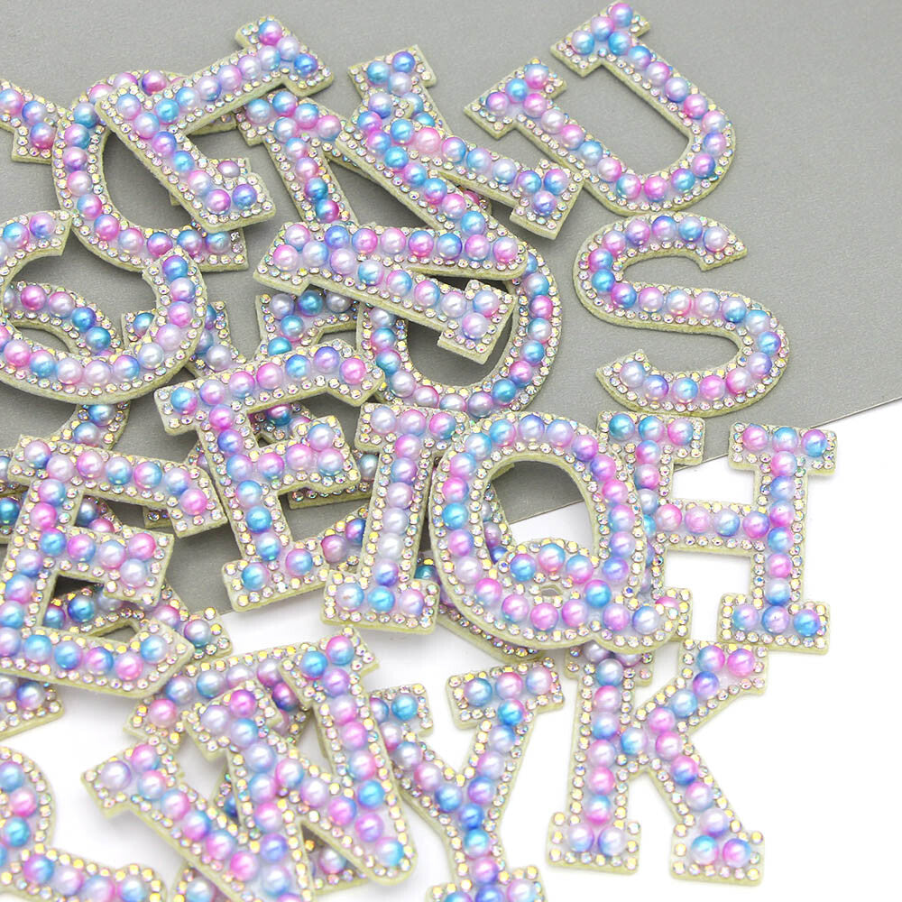 3D Pastel Pearl Rhinestone Letter Patch Patches Iron on Alphabet Crystal