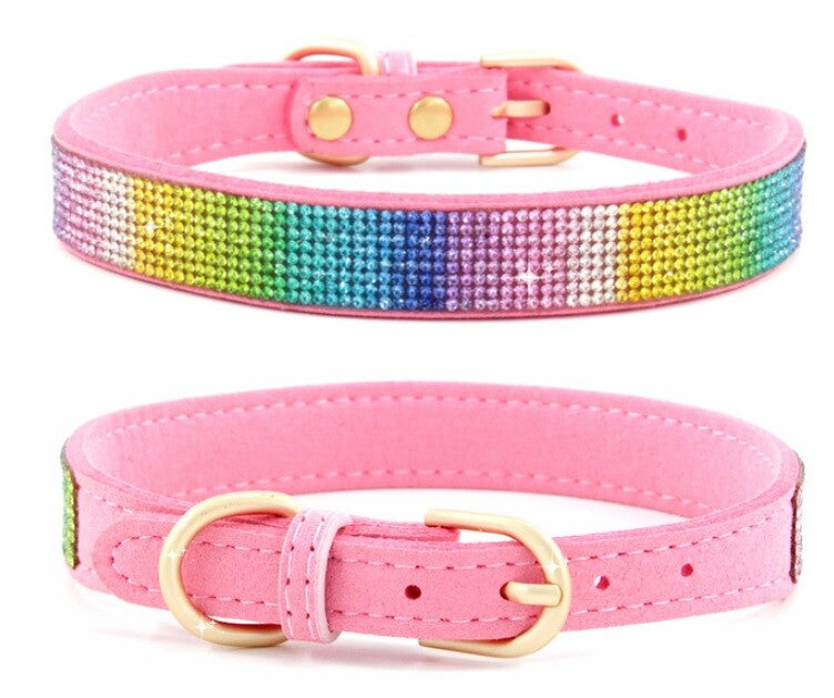 Suede Rhinestone Dog Collar Diamante Puppy Yorkie Teacup Chihuahua & Upwards - Pink Coloured Rhinestones