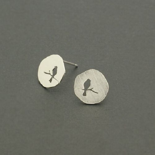 Minimalist Bird On A Branch Stud Earrings Delicate Dainty Cute & Gift Bag - Silver