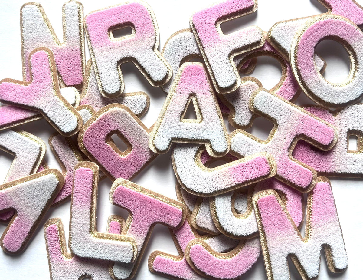 Pink to White Gradient Letter Patch Chenille Ombre Iron on Alphabet Patches 6cm