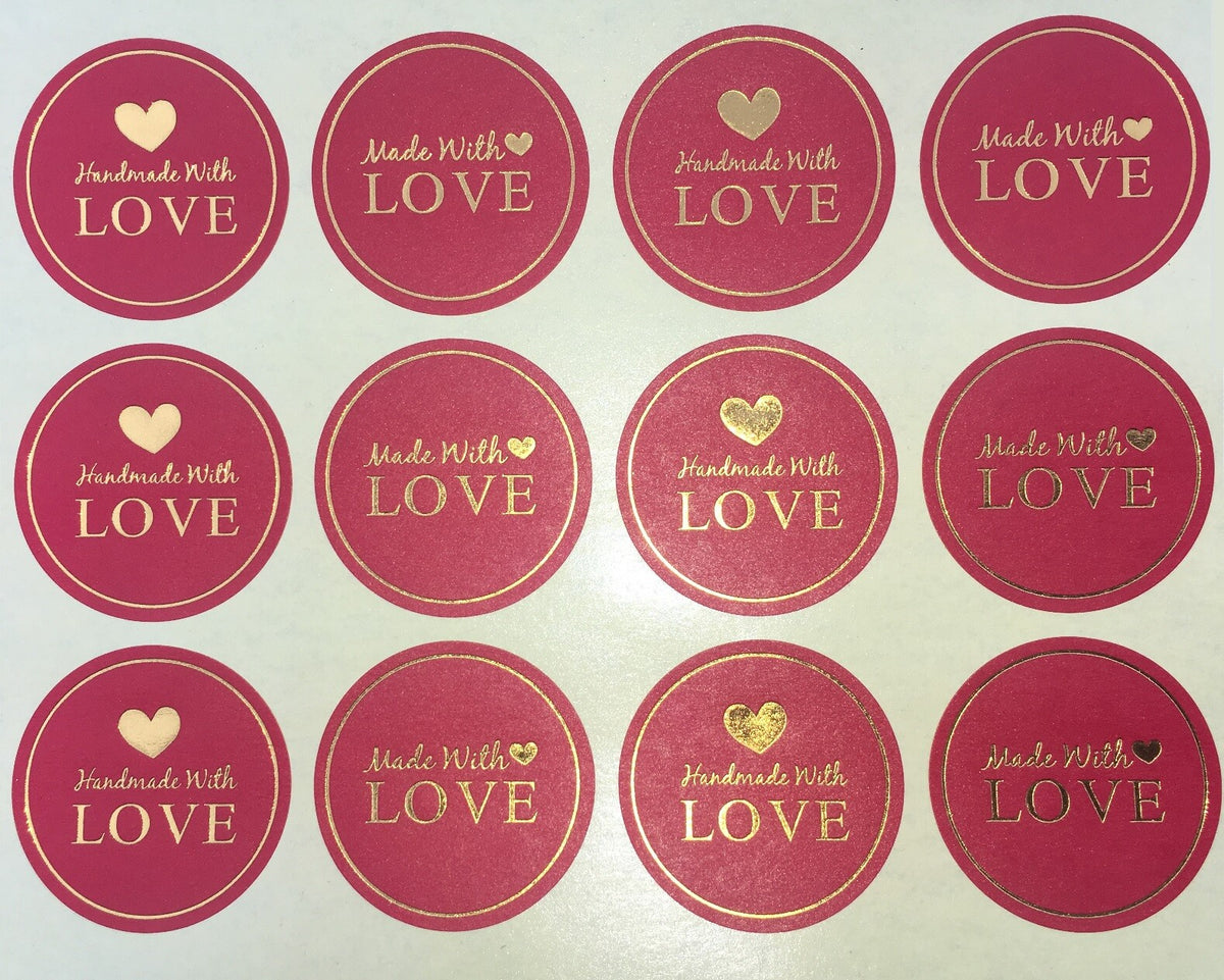 Round Labels Hand made with love Mixed Gift Craft Stickers Thank You Sticker - Red & Gold