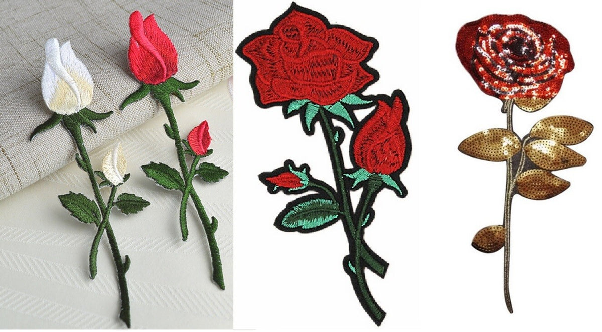 Rose Flower Red White Iron or Sew on Patch Applique Customise Clothing Fashion
