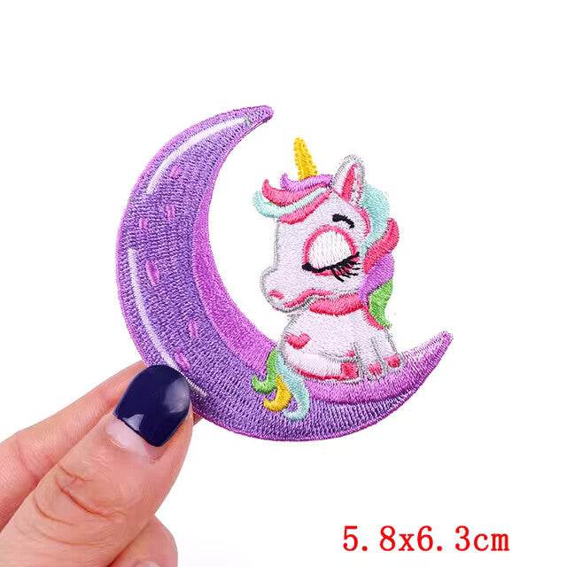Unicorn Patch Rainbow Embroidered Iron on Sew on Patches Clothing Applique - Unicorn & Moon