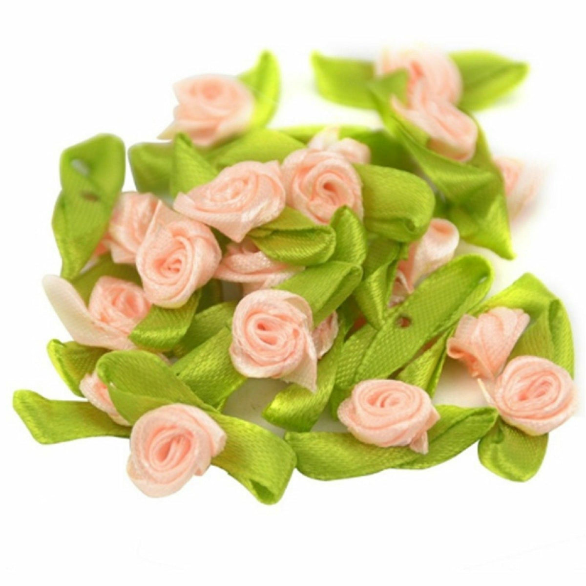 Mini Satin Ribbon Rose Buds Flowers Green Leaf Leaves Craft Wedding Confetti - Peach