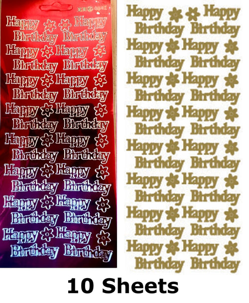 10 Sheets - Red Happy Birthday Mirror Shine Peel Off Sticker Craft Stickers