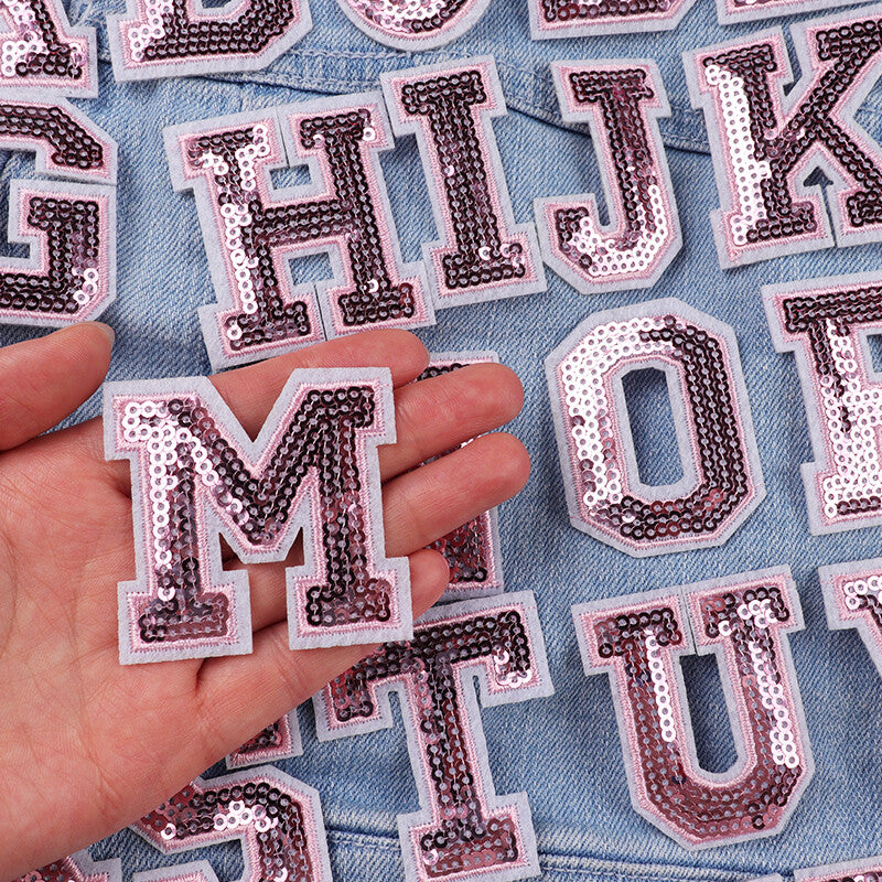 Pink Sequins Varsity Letter Patch Iron or Sew on Alphabet Customise Clothing 5cm