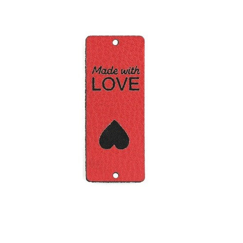 Faux Leather Labels Made with Love Sew On Garment Clothing Label Tags 50x20mm - Red Design 2