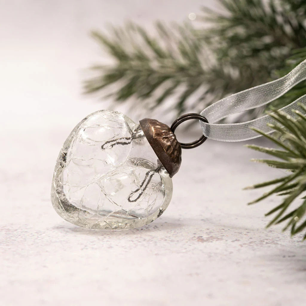 6 Pack Small Glass Handcrafted Baubles Premium Traditional Christmas Tree Craft - Set of 6 Clear Crackle Hearts
