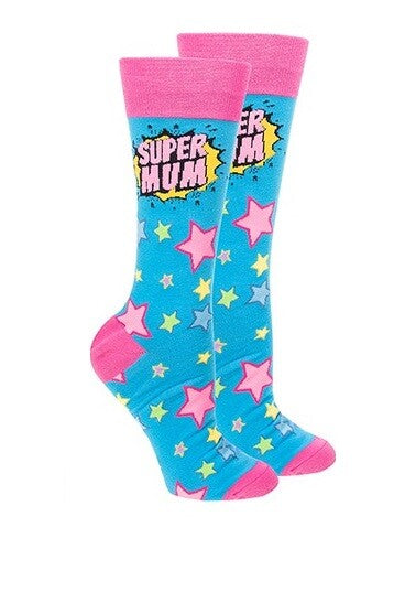 Sock Society Cotton Soft Stretchy Christmas Socks One Size Fits all (Adult 5-12) - Super Mum Blue 1 Pair