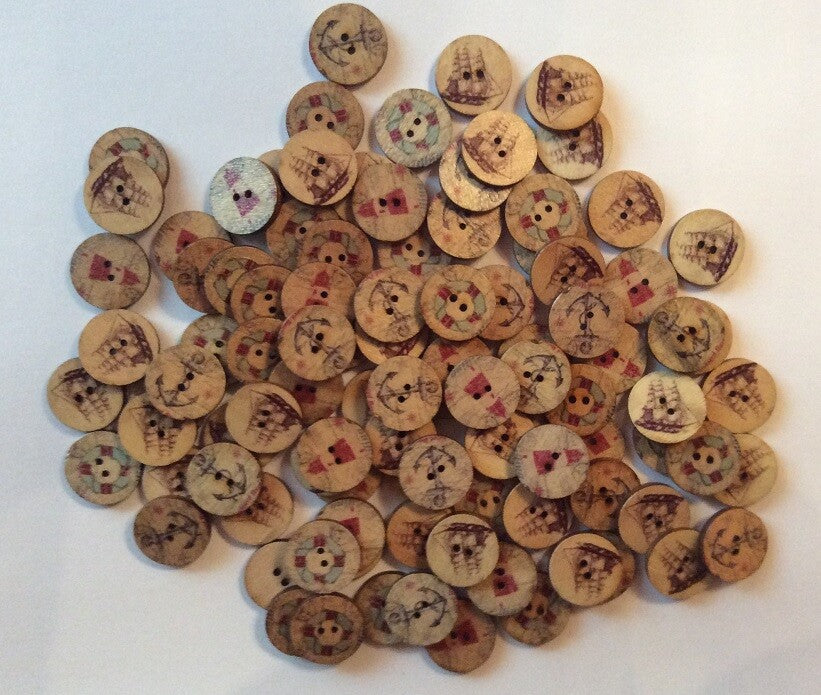 Nautical Beach Anchor Sea Buttons Craft Customise Clothing Sewing Button - 15mm Wooden Nautical
