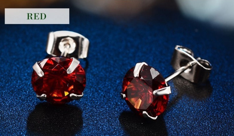 CZ Cubic Zirconia Crystal Cute 8mm Stud Earrings Prom Party 7 Colours & Gift Bag - Red