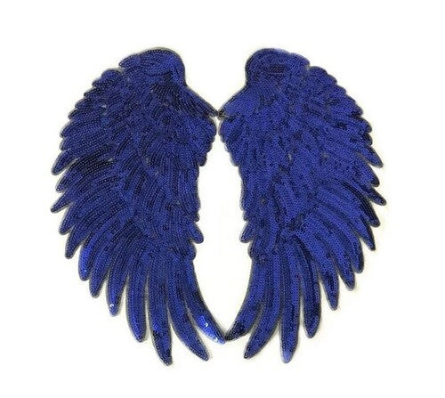 Large Pair Sequins Wings Iron or Sew on Embroidery Patch Customise Clothing 33cm - Blue